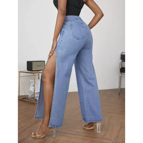 WDIRARA Women's Ripped High Slit Wide Leg Distressed High Waisted Loose Jeans Pants