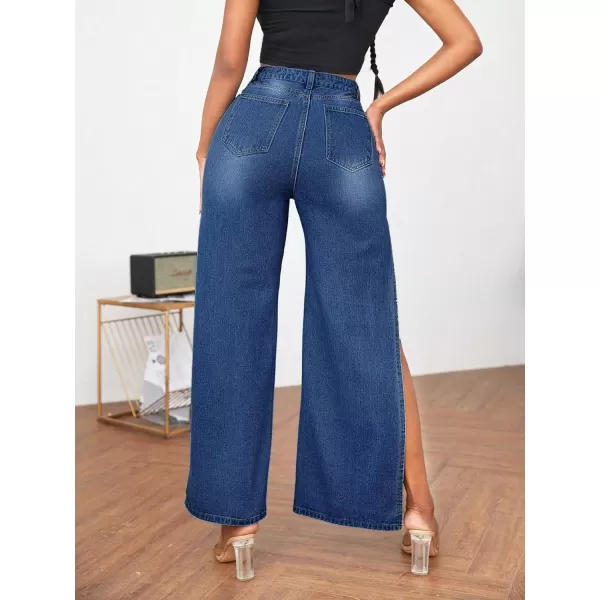 WDIRARA Women's Ripped High Slit Wide Leg Distressed High Waisted Loose Jeans Pants