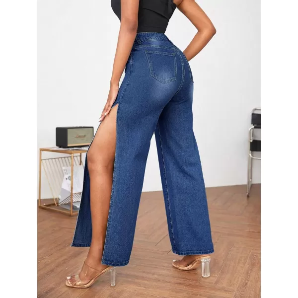 WDIRARA Women's Ripped High Slit Wide Leg Distressed High Waisted Loose Jeans Pants