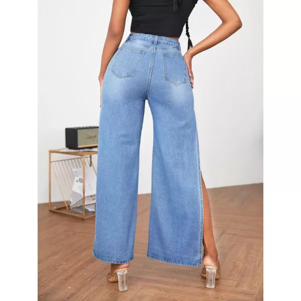 WDIRARA Women's Ripped High Slit Wide Leg Distressed High Waisted Loose Jeans Pants