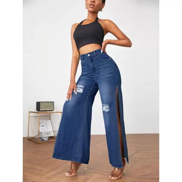 WDIRARA Women's Ripped High Slit Wide Leg Distressed High Waisted Loose Jeans Pants