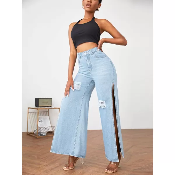 WDIRARA Women's Ripped High Slit Wide Leg Distressed High Waisted Loose Jeans Pants