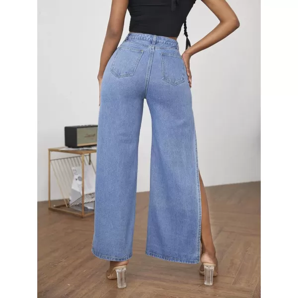WDIRARA Women's Ripped High Slit Wide Leg Distressed High Waisted Loose Jeans Pants