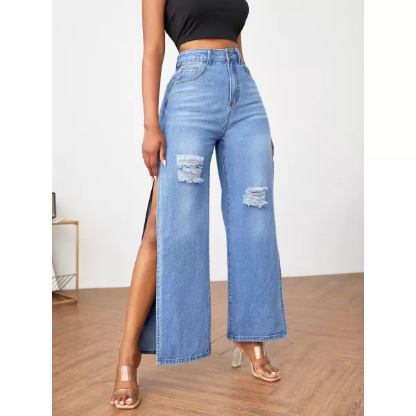 WDIRARA Women's Ripped High Slit Wide Leg Distressed High Waisted Loose Jeans Pants