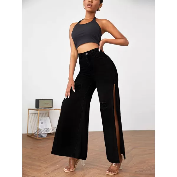 WDIRARA Women's Ripped High Slit Wide Leg Distressed High Waisted Loose Jeans Pants