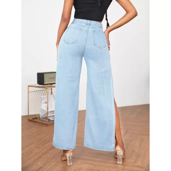 WDIRARA Women's Ripped High Slit Wide Leg Distressed High Waisted Loose Jeans Pants