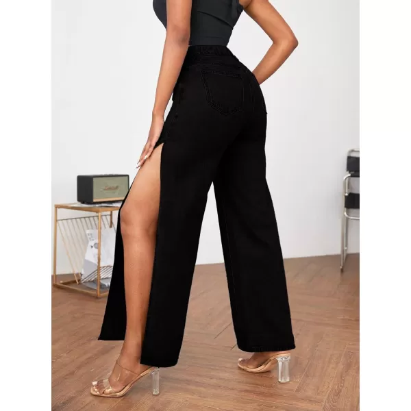 WDIRARA Women's Ripped High Slit Wide Leg Distressed High Waisted Loose Jeans Pants