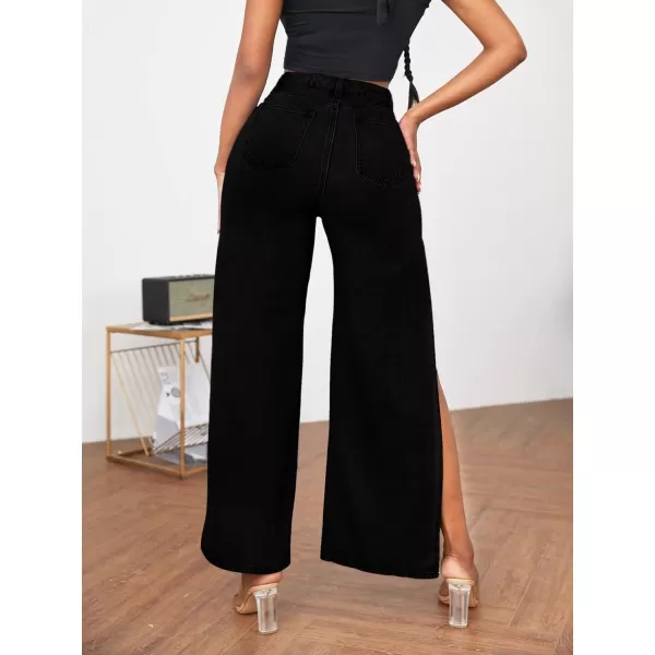WDIRARA Women's Ripped High Slit Wide Leg Distressed High Waisted Loose Jeans Pants