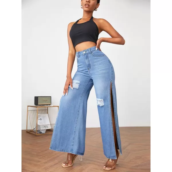 WDIRARA Women's Ripped High Slit Wide Leg Distressed High Waisted Loose Jeans Pants