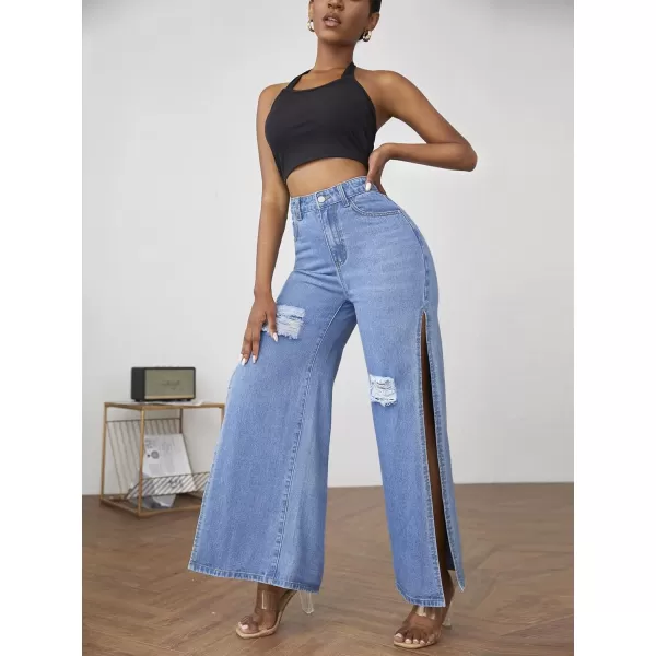 WDIRARA Women's Ripped High Slit Wide Leg Distressed High Waisted Loose Jeans Pants