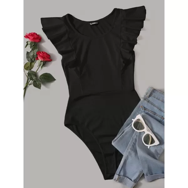WDIRARA Women's Ruffle Cap Sleeve Scoop Neck Skinny Bodysuit Casual Tops Shirt