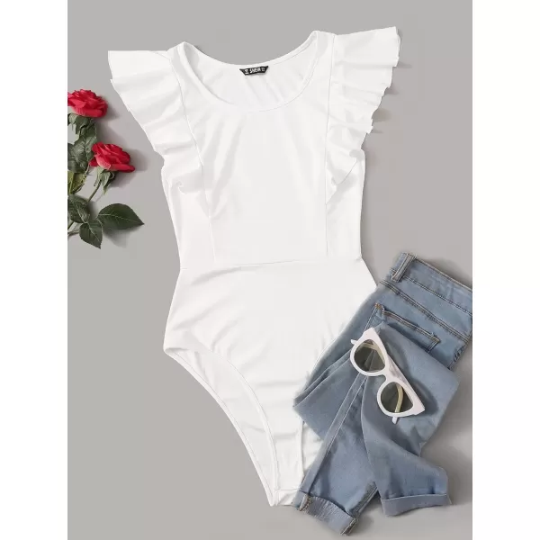 WDIRARA Women's Ruffle Cap Sleeve Scoop Neck Skinny Bodysuit Casual Tops Shirt