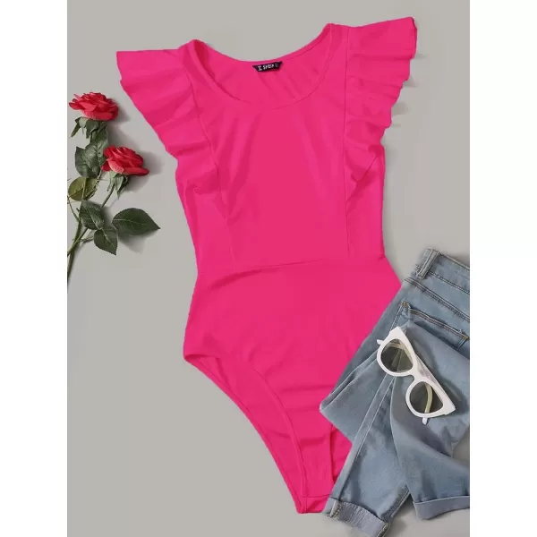 WDIRARA Women's Ruffle Cap Sleeve Scoop Neck Skinny Bodysuit Casual Tops Shirt