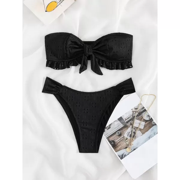 WDIRARA Women's Ruffle Knot Front Bandeau Bikini Set 2 Piece Strapless Swimsuit