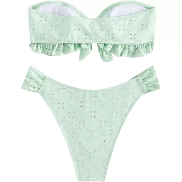 WDIRARA Women's Ruffle Knot Front Bandeau Bikini Set 2 Piece Strapless Swimsuit
