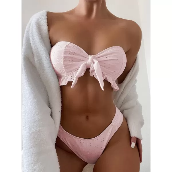 WDIRARA Women's Ruffle Knot Front Bandeau Bikini Set 2 Piece Strapless Swimsuit