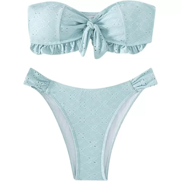 WDIRARA Women's Ruffle Knot Front Bandeau Bikini Set 2 Piece Strapless Swimsuit