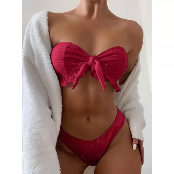 WDIRARA Women's Ruffle Knot Front Bandeau Bikini Set 2 Piece Strapless Swimsuit