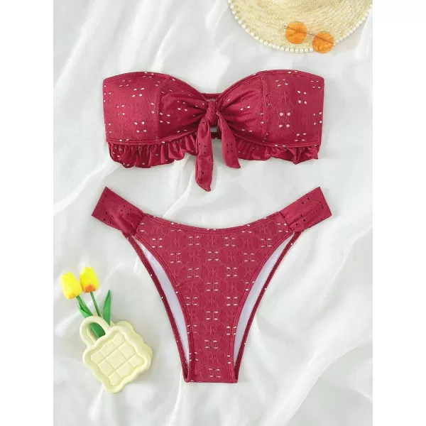 WDIRARA Women's Ruffle Knot Front Bandeau Bikini Set 2 Piece Strapless Swimsuit