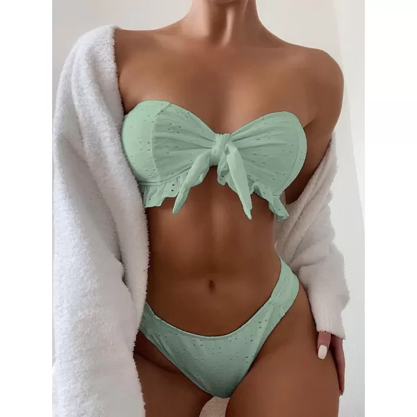 WDIRARA Women's Ruffle Knot Front Bandeau Bikini Set 2 Piece Strapless Swimsuit