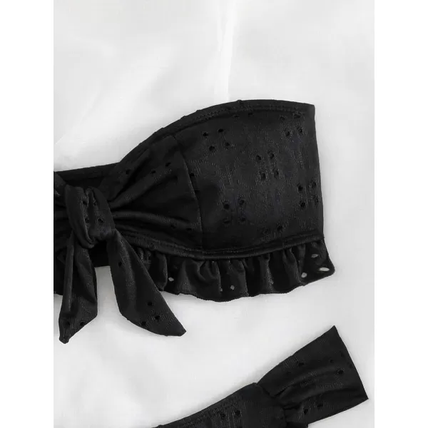 WDIRARA Women's Ruffle Knot Front Bandeau Bikini Set 2 Piece Strapless Swimsuit