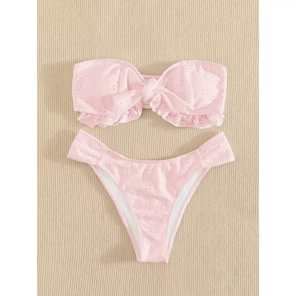 WDIRARA Women's Ruffle Knot Front Bandeau Bikini Set 2 Piece Strapless Swimsuit