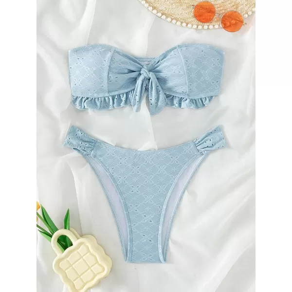 WDIRARA Women's Ruffle Knot Front Bandeau Bikini Set 2 Piece Strapless Swimsuit