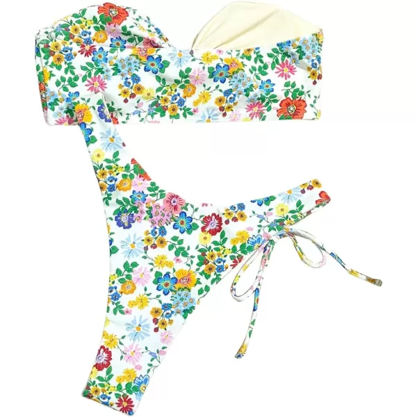 WDIRARA Women's Ruffle Knot Front Bandeau Bikini Set 2 Piece Strapless Swimsuit