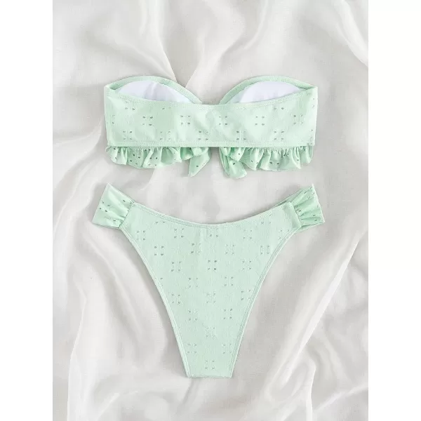WDIRARA Women's Ruffle Knot Front Bandeau Bikini Set 2 Piece Strapless Swimsuit