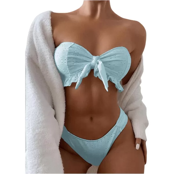 WDIRARA Women's Ruffle Knot Front Bandeau Bikini Set 2 Piece Strapless Swimsuit