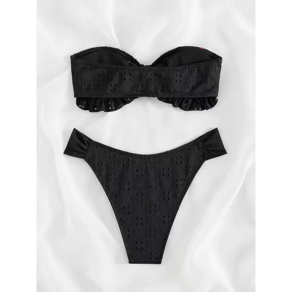 WDIRARA Women's Ruffle Knot Front Bandeau Bikini Set 2 Piece Strapless Swimsuit