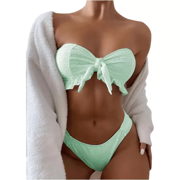 WDIRARA Women's Ruffle Knot Front Bandeau Bikini Set 2 Piece Strapless Swimsuit