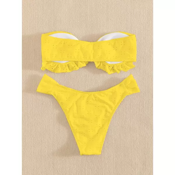 WDIRARA Women's Ruffle Knot Front Bandeau Bikini Set 2 Piece Strapless Swimsuit