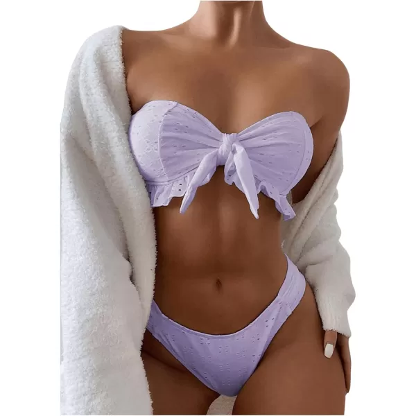 WDIRARA Women's Ruffle Knot Front Bandeau Bikini Set 2 Piece Strapless Swimsuit