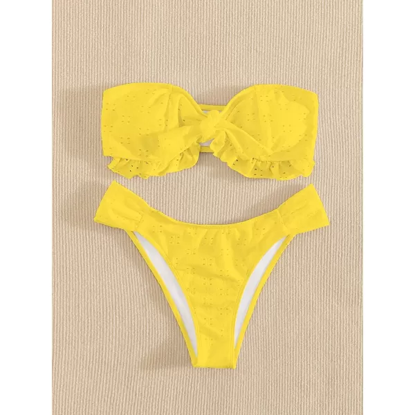 WDIRARA Women's Ruffle Knot Front Bandeau Bikini Set 2 Piece Strapless Swimsuit