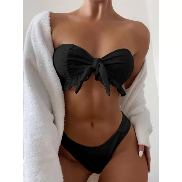 WDIRARA Women's Ruffle Knot Front Bandeau Bikini Set 2 Piece Strapless Swimsuit