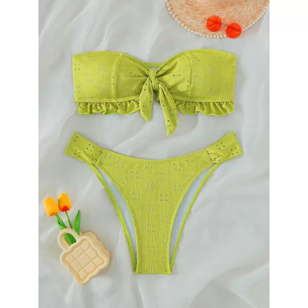 WDIRARA Women's Ruffle Knot Front Bandeau Bikini Set 2 Piece Strapless Swimsuit