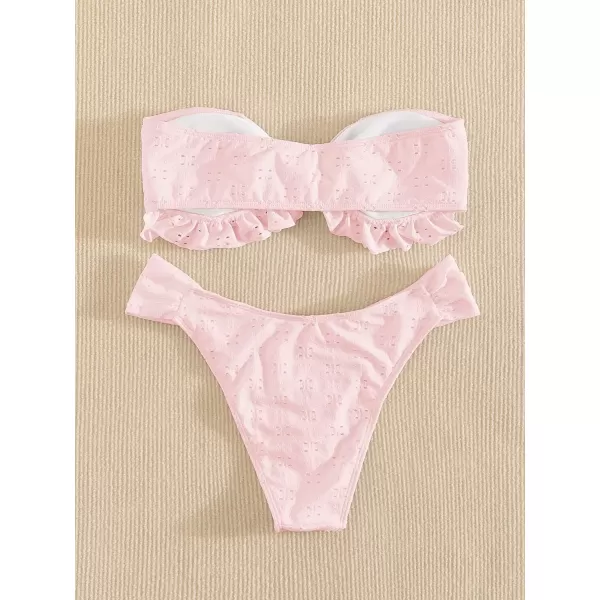 WDIRARA Women's Ruffle Knot Front Bandeau Bikini Set 2 Piece Strapless Swimsuit