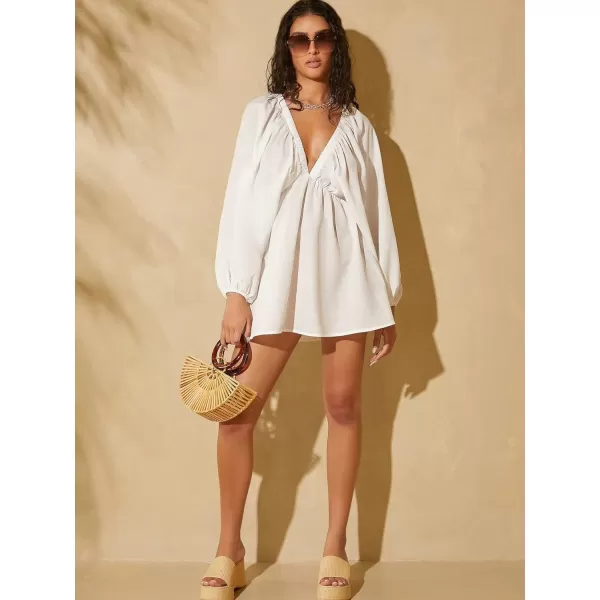 WDIRARA Women's Ruffle Trim Tie Back Lantern Long Sleeve Deep V Neck Casual Loose Dress