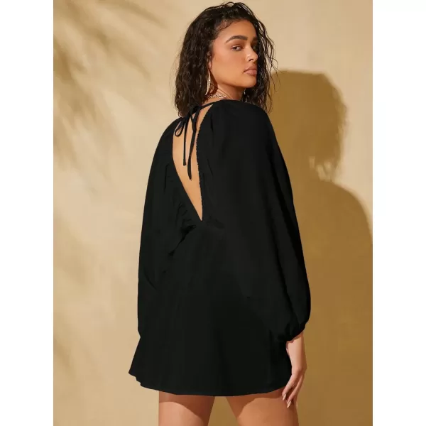 WDIRARA Women's Ruffle Trim Tie Back Lantern Long Sleeve Deep V Neck Casual Loose Dress