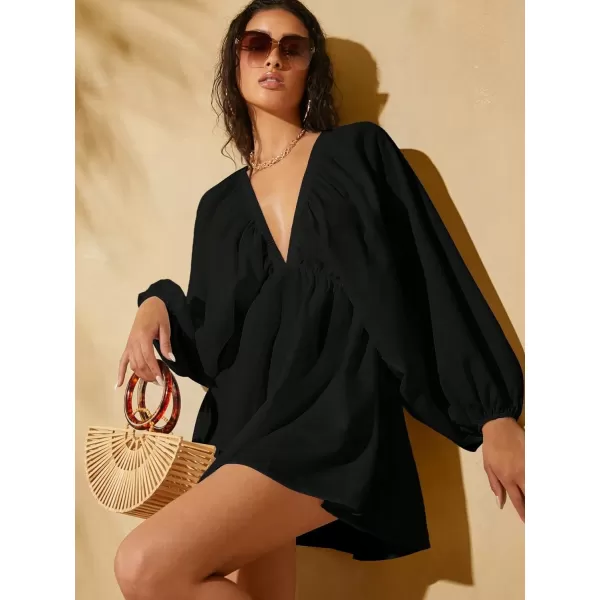 WDIRARA Women's Ruffle Trim Tie Back Lantern Long Sleeve Deep V Neck Casual Loose Dress