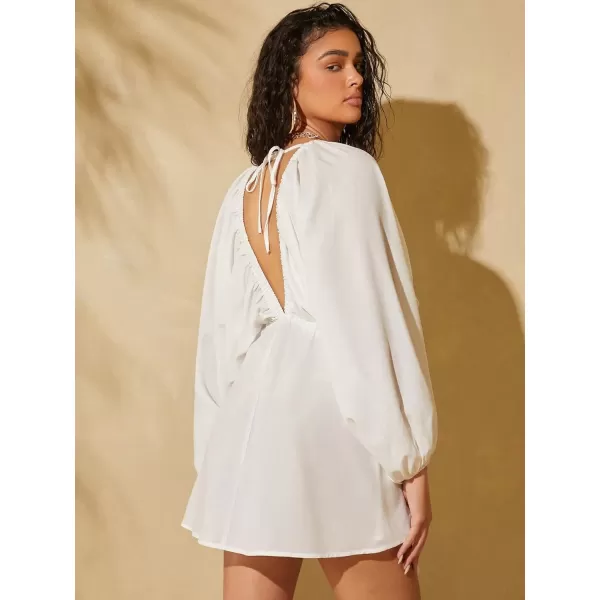 WDIRARA Women's Ruffle Trim Tie Back Lantern Long Sleeve Deep V Neck Casual Loose Dress