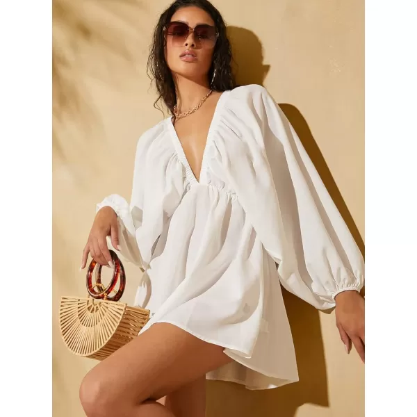 WDIRARA Women's Ruffle Trim Tie Back Lantern Long Sleeve Deep V Neck Casual Loose Dress
