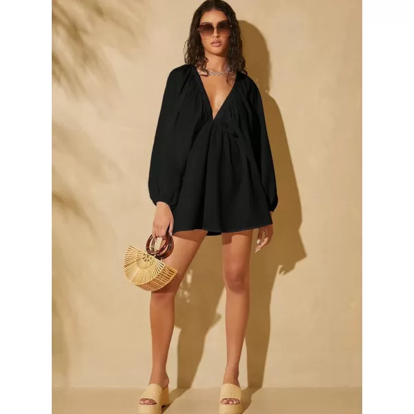 WDIRARA Women's Ruffle Trim Tie Back Lantern Long Sleeve Deep V Neck Casual Loose Dress