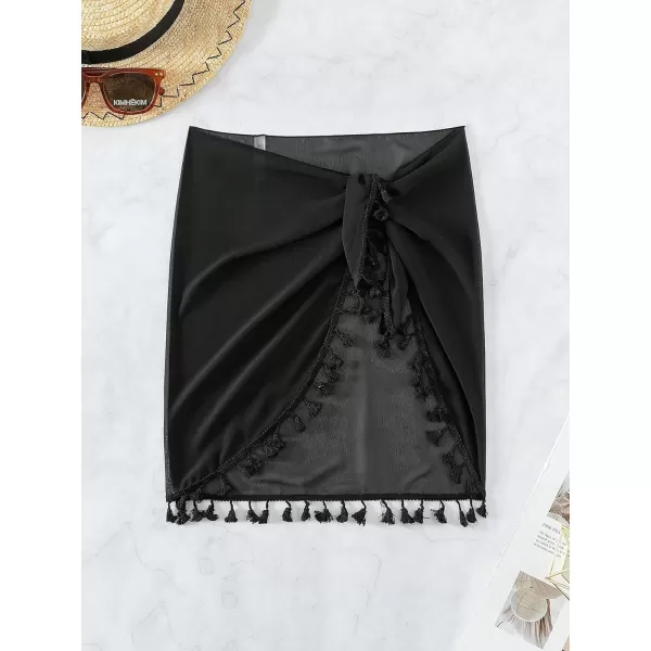 WDIRARA Women's Sarong Coverups Fringe Trim Tie Front Beach Wrap Chiffon Sheer Mesh Swimwear Cover Up Skirt