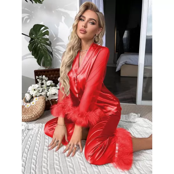 WDIRARA Women's Satin Fuzzy Trim Mesh Long Sleeve Button Down Pajamas Pants Set Sleepwear