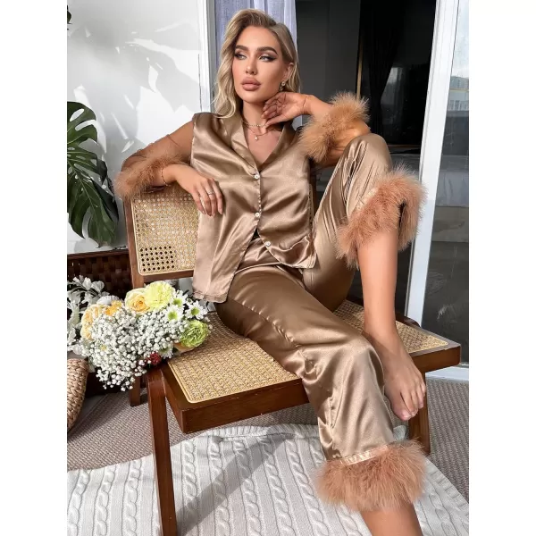 WDIRARA Women's Satin Fuzzy Trim Mesh Long Sleeve Button Down Pajamas Pants Set Sleepwear
