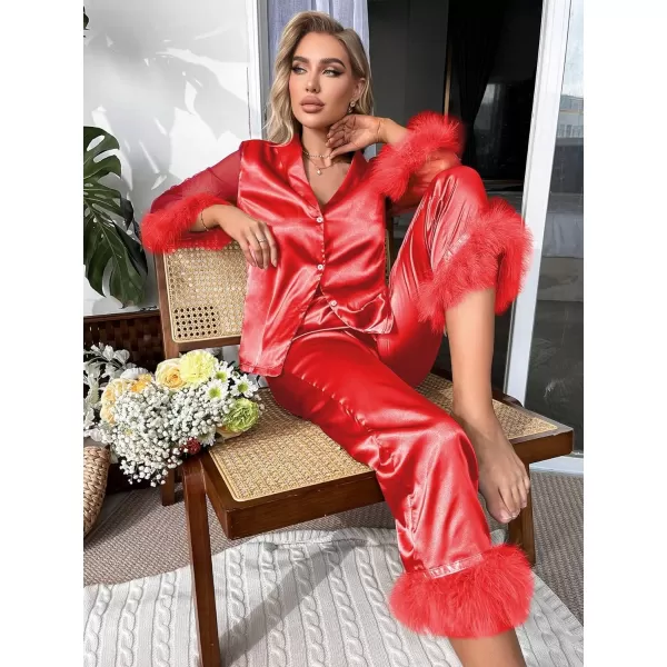 WDIRARA Women's Satin Fuzzy Trim Mesh Long Sleeve Button Down Pajamas Pants Set Sleepwear
