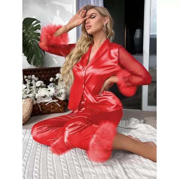 WDIRARA Women's Satin Fuzzy Trim Mesh Long Sleeve Button Down Pajamas Pants Set Sleepwear