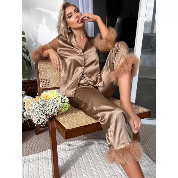 WDIRARA Women's Satin Fuzzy Trim Mesh Long Sleeve Button Down Pajamas Pants Set Sleepwear